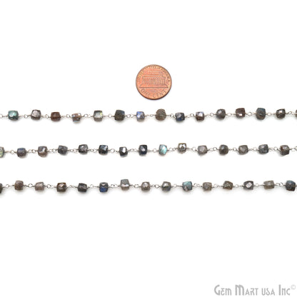 Labradorite Cube Faceted 4-5mm Silver Wire Wrapped Rosary Chain