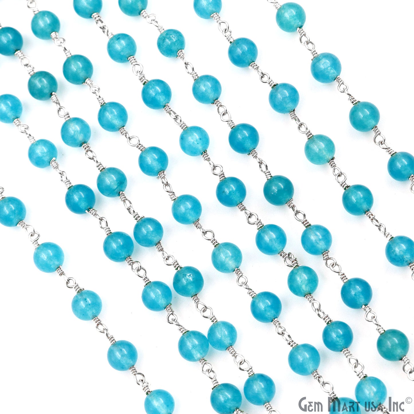 Sky Blue Jade Cabochon Beads 6mm Silver Plated Gemstone Rosary Chain