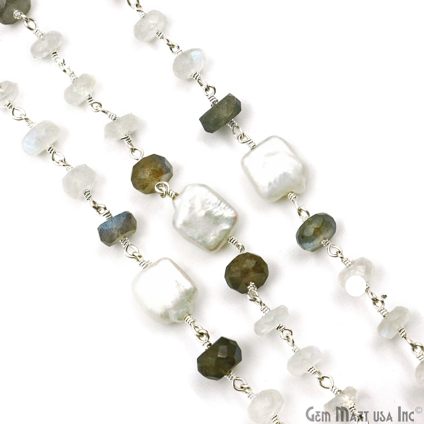 Rainbow, Labradorite & Pearl Silver Wire Wrapped Rondelle Beads Rosary Chain