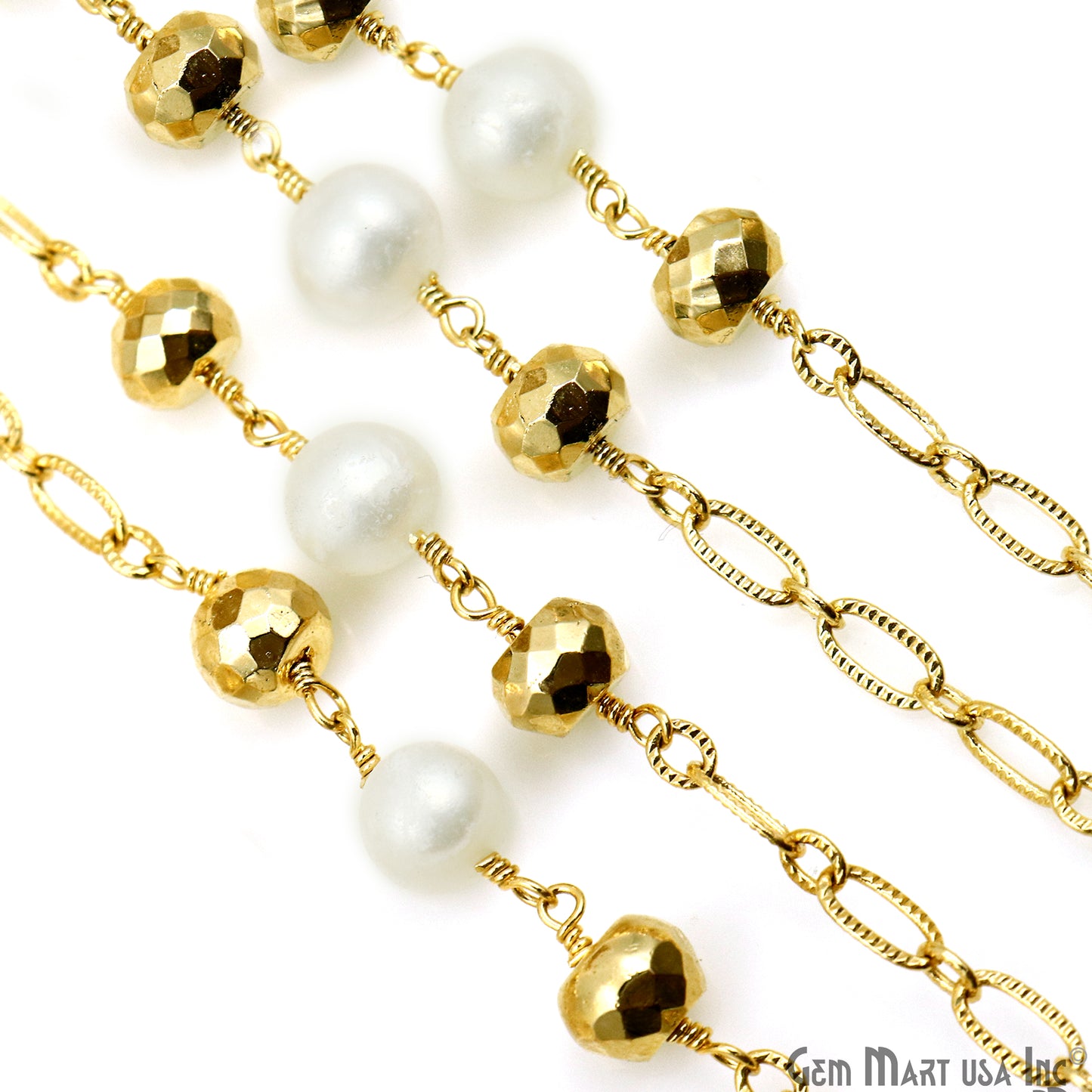 Golden Pyrite & Pearl Round Beads Gold Plated Finding Rosary Chain