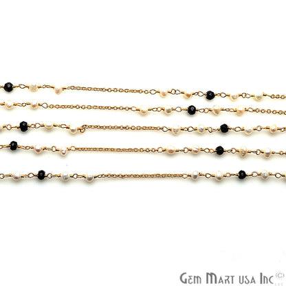 Black Spinel & Pearl Multi Gemstone Beaded Gold Wire Wrapped Rosary Chain