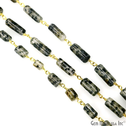 Black Rutilated Cabochon Tumble Beads 10x5mm Gold Plated Wire Wrapped Rosary Chain