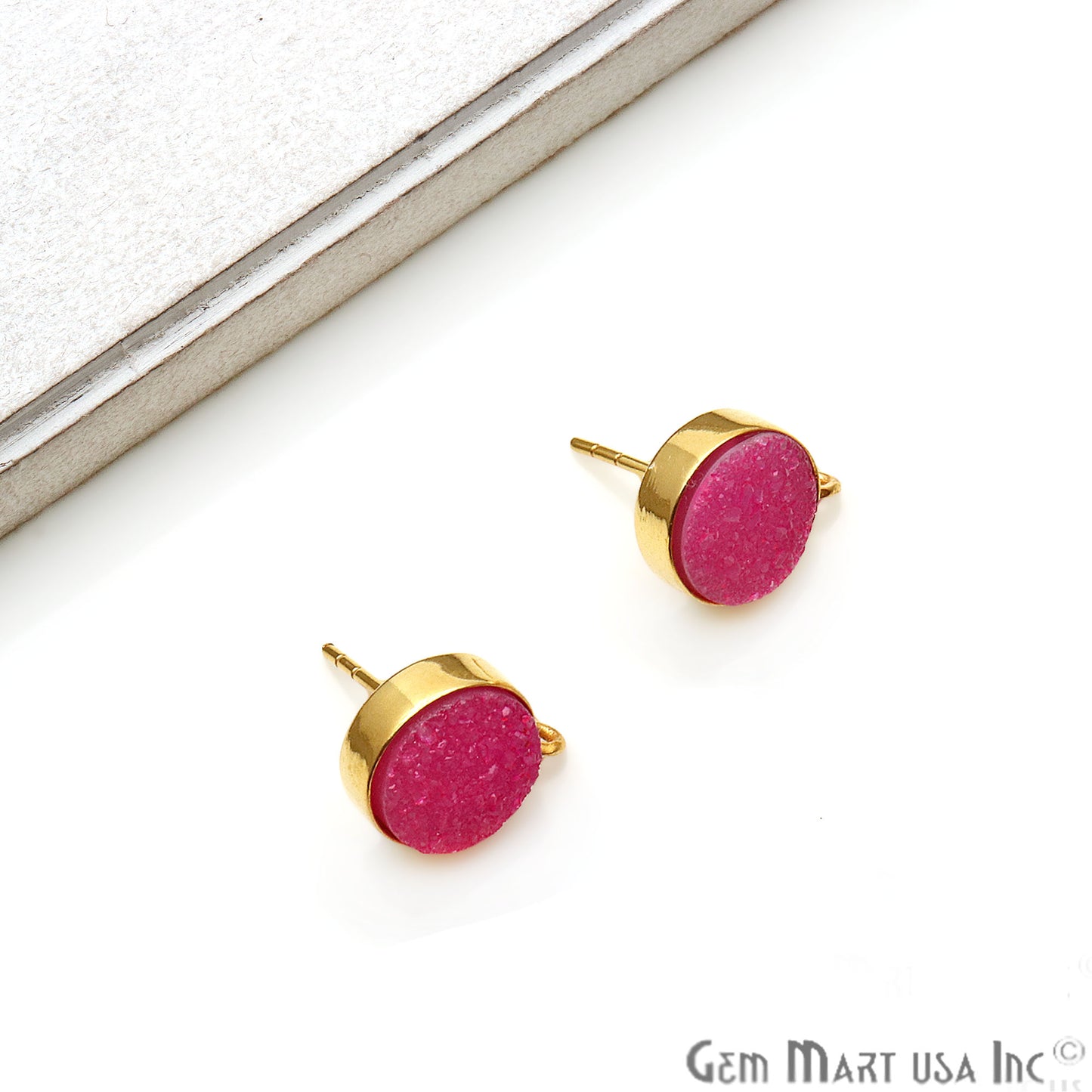 Pink Color Druzy Round 10mm Gold Plated Connector Stud Earring - GemMartUSA