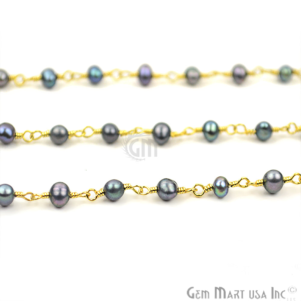 Black Pearl Gold Plated Wire Wrapped Beads Rosary Chain - GemMartUSA (763640643631)