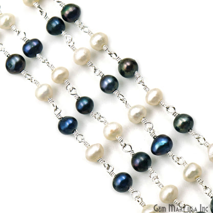 Black Pearl & Pearl Cabochon Beads 5-6mm Silver Plated Gemstone Rosary Chain