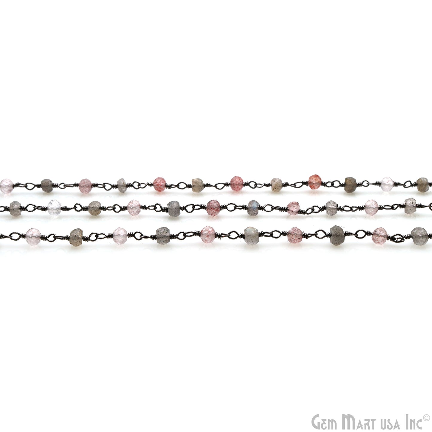 Labradorite & Strawberry Quartz Beads 3-3.5mm Oxidized Wire Wrapped Rosary Chain