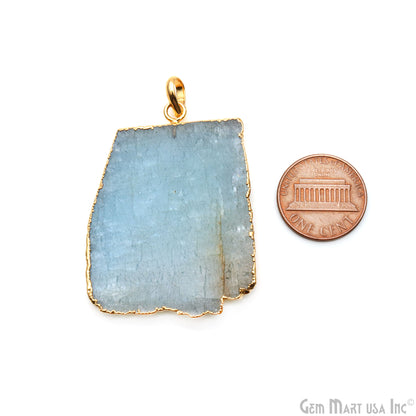 Aquamarine Free Form shape 45x34mm Gold Electroplated Gemstone Single Bail Pendant