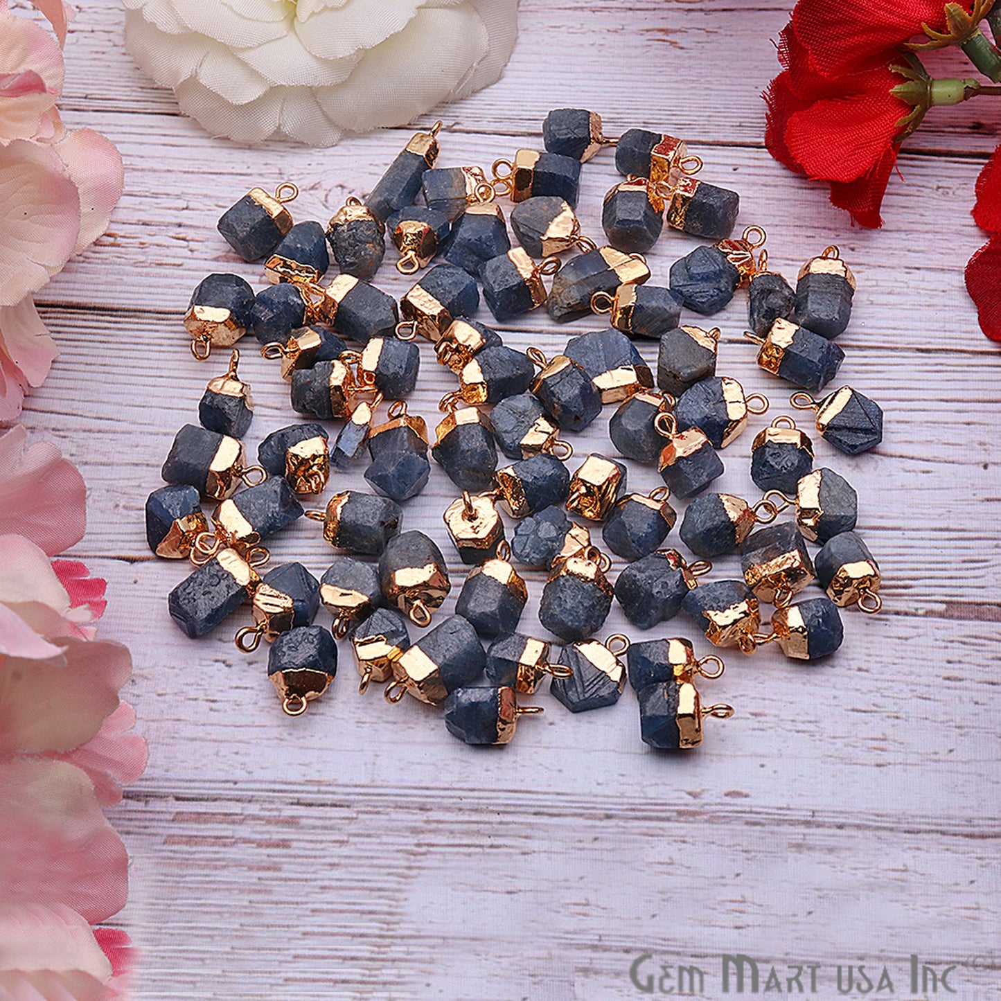 Rough Sapphire Gemstone 14x10mm Organic Gold Edged Single Bail Connector Charm - GemMartUSA