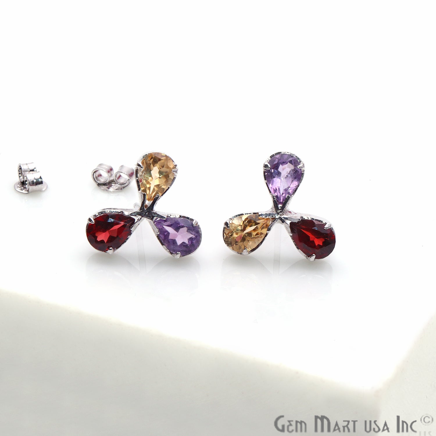 Multi Color 16x11mm Sterling Silver Flower Shape Prong Setting Stud Earring - GemMartUSA