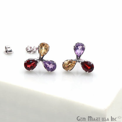 Multi Color 16x11mm Sterling Silver Flower Shape Prong Setting Stud Earring - GemMartUSA