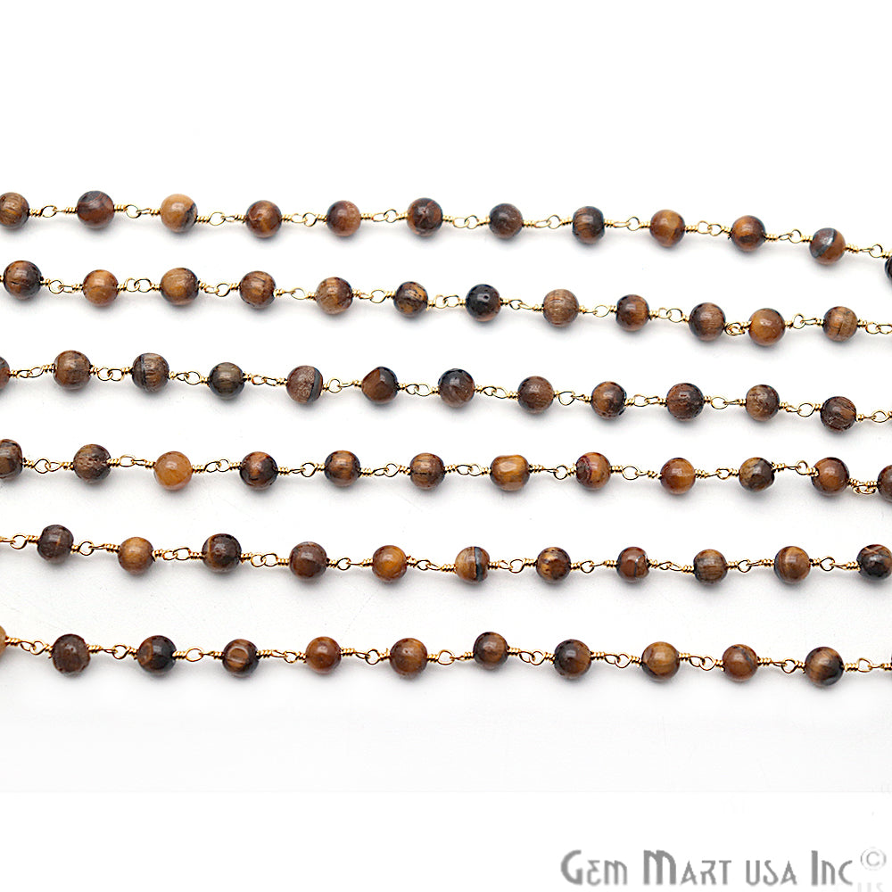 Tiger Eye Smooth Beads Gold Plated Wire Wrapped Rosary Chain - GemMartUSA