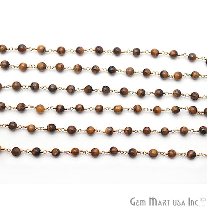 Tiger Eye Smooth Beads Gold Plated Wire Wrapped Rosary Chain - GemMartUSA