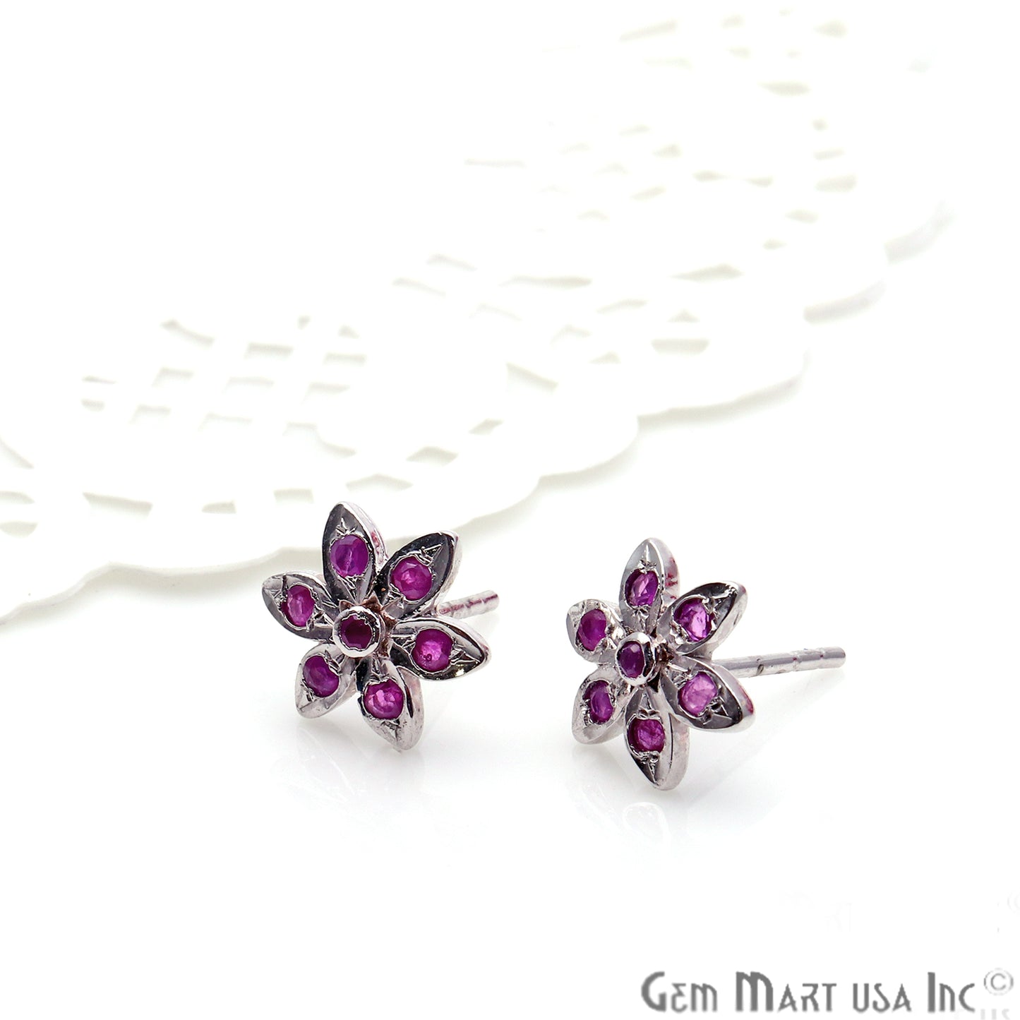 Ruby 9mm Sterling Silver Flower Shape Stud Earring - GemMartUSA