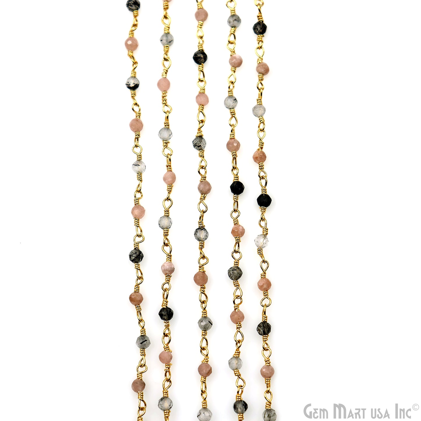 Rhodochrosite & Rutilated 2-2.5mm Tiny Beads Gold Plated Wire Wrapped Rosary Chain