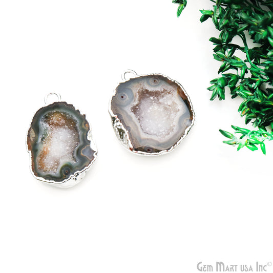 Geode Druzy 25x19mm Organic Silver Electroplated Single Bail Gemstone Earring Connector 1 Pair