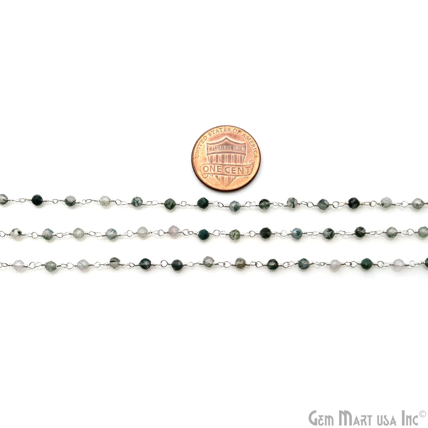 Moss Agate 3-3.5mm Silver Plated Beaded Wire Wrapped Rosary Chain