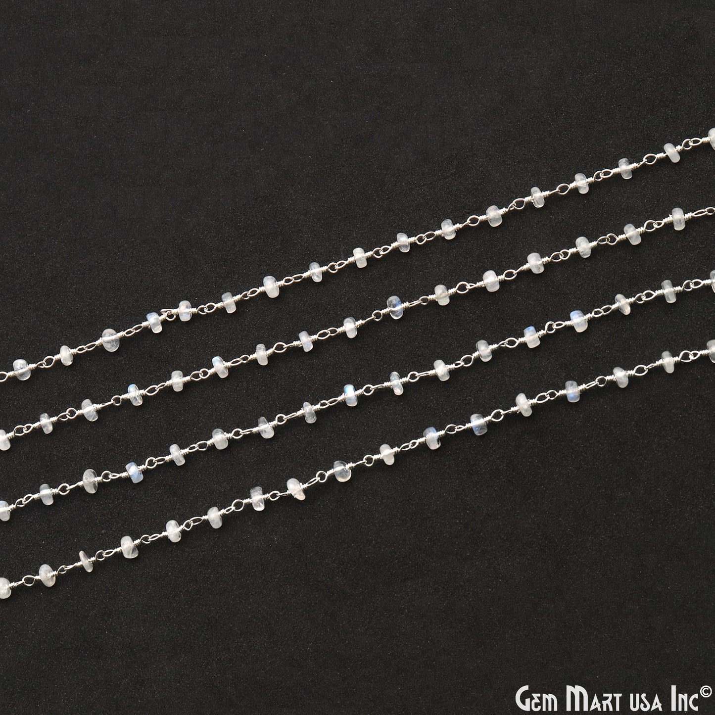 Rainbow Moonstone Cabochon 3mm Silver Wire Wrapped Rosary Chain