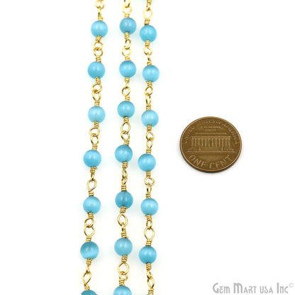 Blue Monalisa Cabochon 4mm Gold Wire Wrapped Rosary Chain