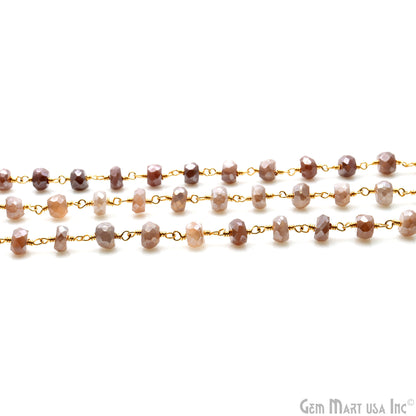 Peach Moonstone 5-6mm Gold Wire Wrapped Rondelle Faceted Bead Rosary Chain