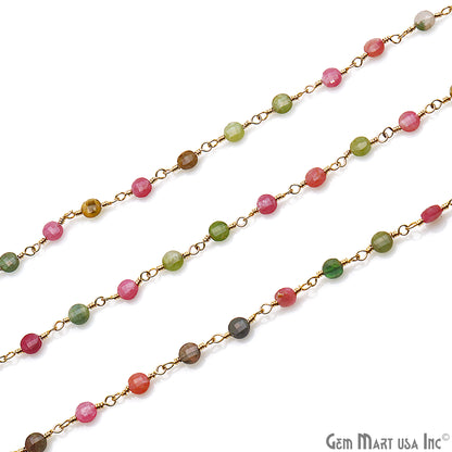 Multi Tourmaline Faceted 3-4mm Gold Wire Wrapped Rosary Chain - GemMartUSA