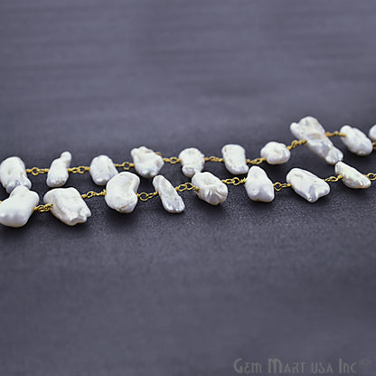 White Pearl 16-20mm Gold Plated Wire Wrapped Rosary Chain - GemMartUSA