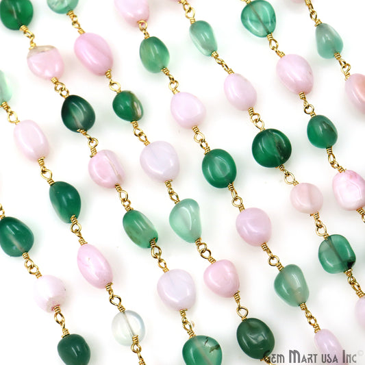 Shaded Green Onyx & Pink Opal 8x5mm Tumble Beads Gold Plated Rosary Chain