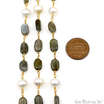 Labradorite Tumble & Pearl Gold Plated Wire Wrapped Rosary Chain