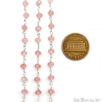 Pink Sunstone Jade Faceted Beads 4mm Silver Plated Gemstone Rosary Chain