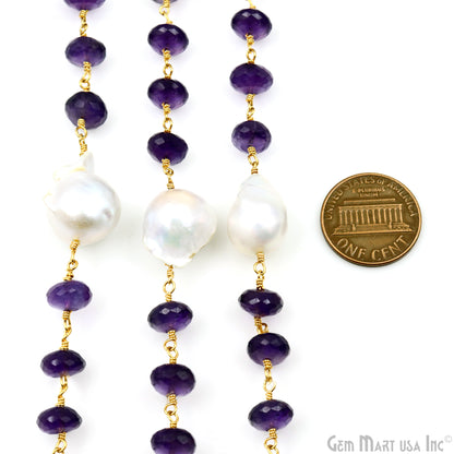 Amethyst 8-9mm & Pearl 17x12mm Beads Gold Plated Rosary Chain