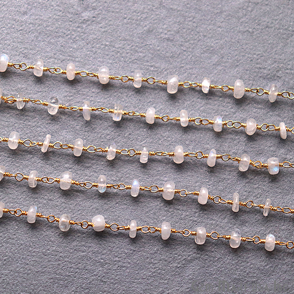 Rainbow Moonstone Smooth Beads Gold Plated Wire Wrapped Rosary Chain