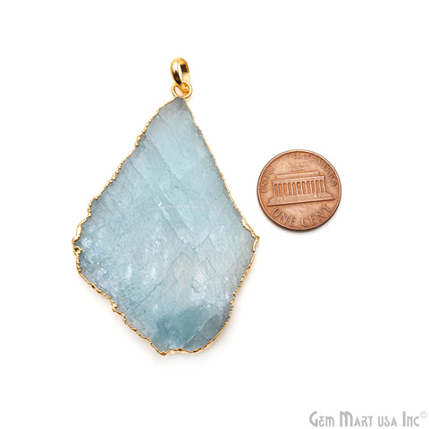 Aquamarine Free Form shape 62x41mm Gold Electroplated Gemstone Single Bail Pendant