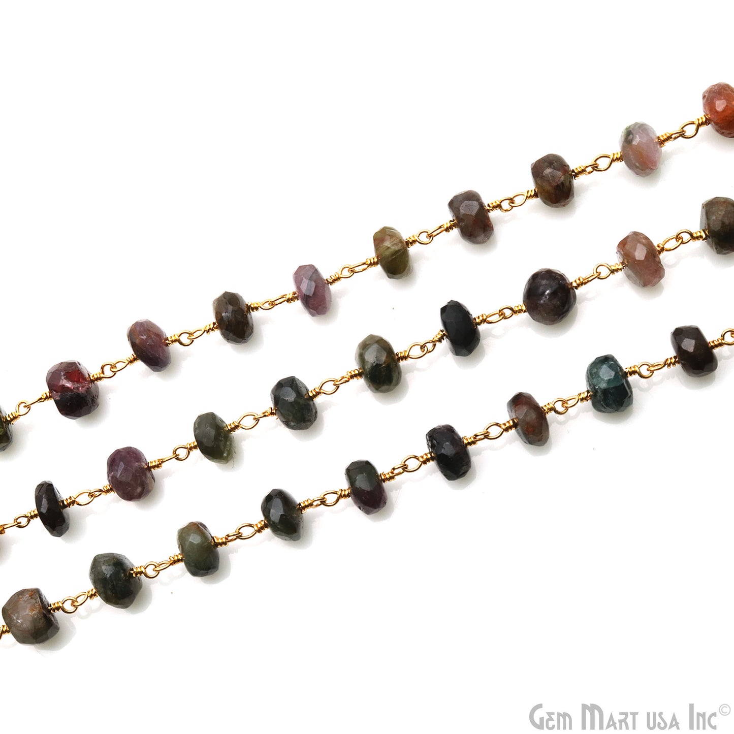 Multi Tourmaline Faceted Beads 7-8mm Gold Plated Wire Wrapped Rosary Chain