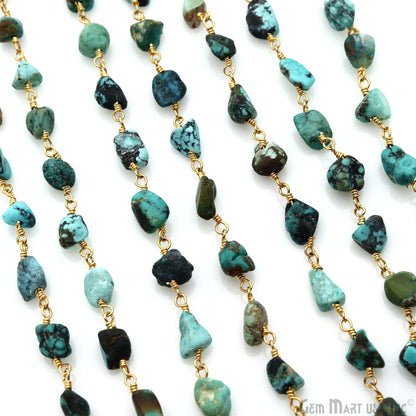 Chrysocolla 6x8mm Free Form Beads Gemstone Gold Wire Wrapped Rosary Chain