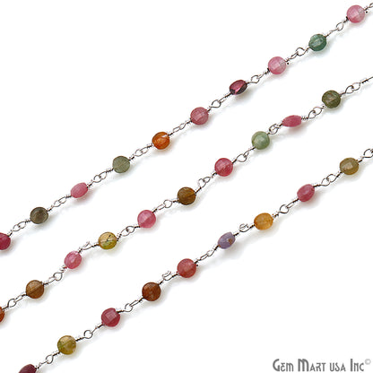 Multi Tourmaline Faceted 3-4mm Silver Wire Wrapped Rosary Chain - GemMartUSA