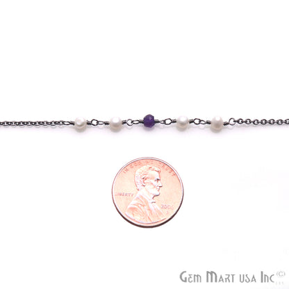 Amethyst & Pearl Beaded Oxidized Wire Wrapped Rosary Chain