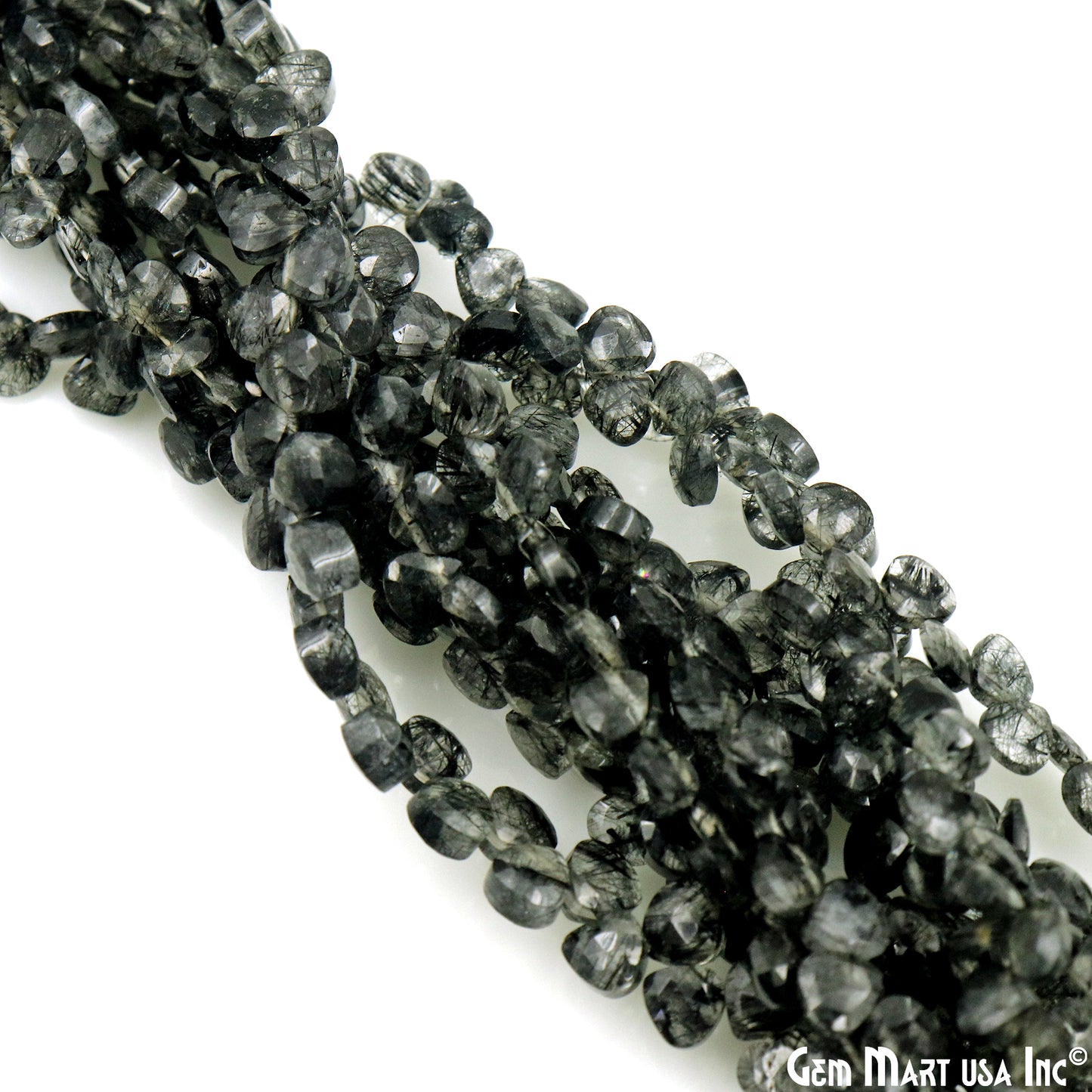 Black Rutilated Heart Beads, 8 Inch Gemstone Strands, Drilled Strung Briolette Beads, Heart Shape, 5mm