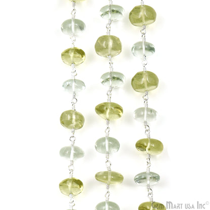 Green Amethyst & Lemon Topaz Cabochon Beads 9-10mm Silver Wire Wrapped Rosary Chain