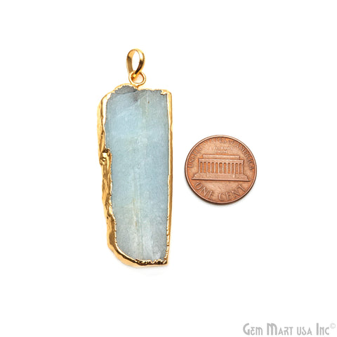 Aquamarine Free Form shape 53x20mm Gold Electroplated Gemstone Single Bail Pendant