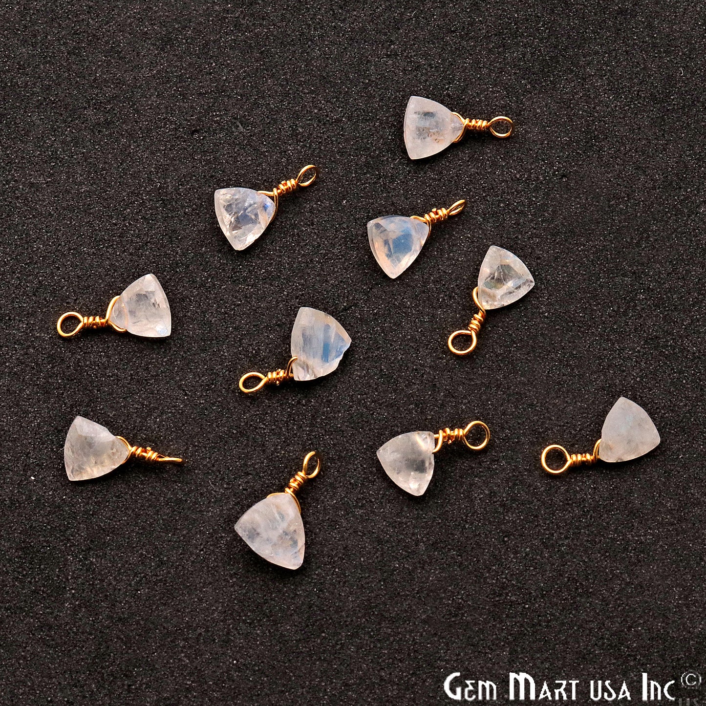 Rainbow Moonstone 6mm Trillion Single Bail Gold Wire Wrapped Gemstone Connector - GemMartUSA