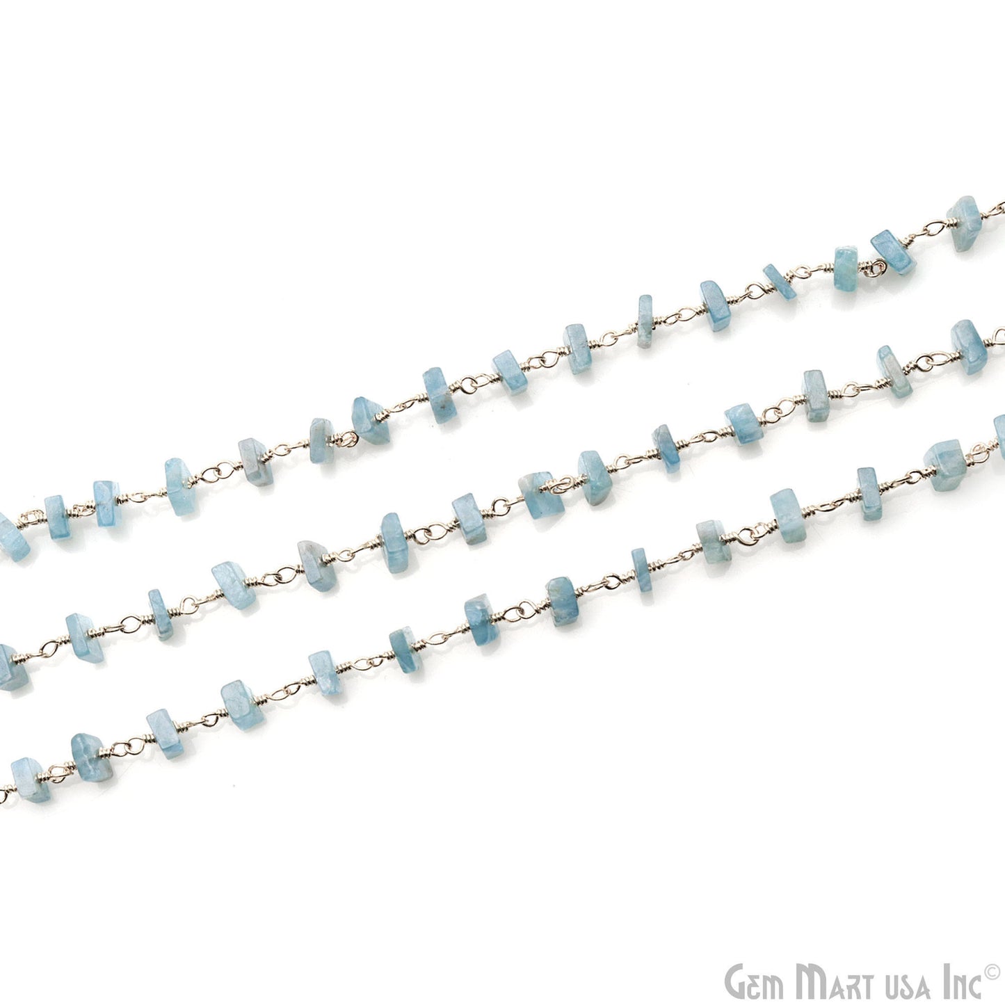 Aquamarine Square Beads 4-5mm Silver Wire Wrapped Rosary Chain