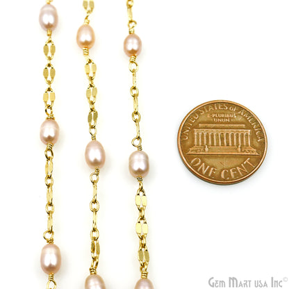 Pink Pearl Oval Beads Gold Plated Finding Rosary Chain