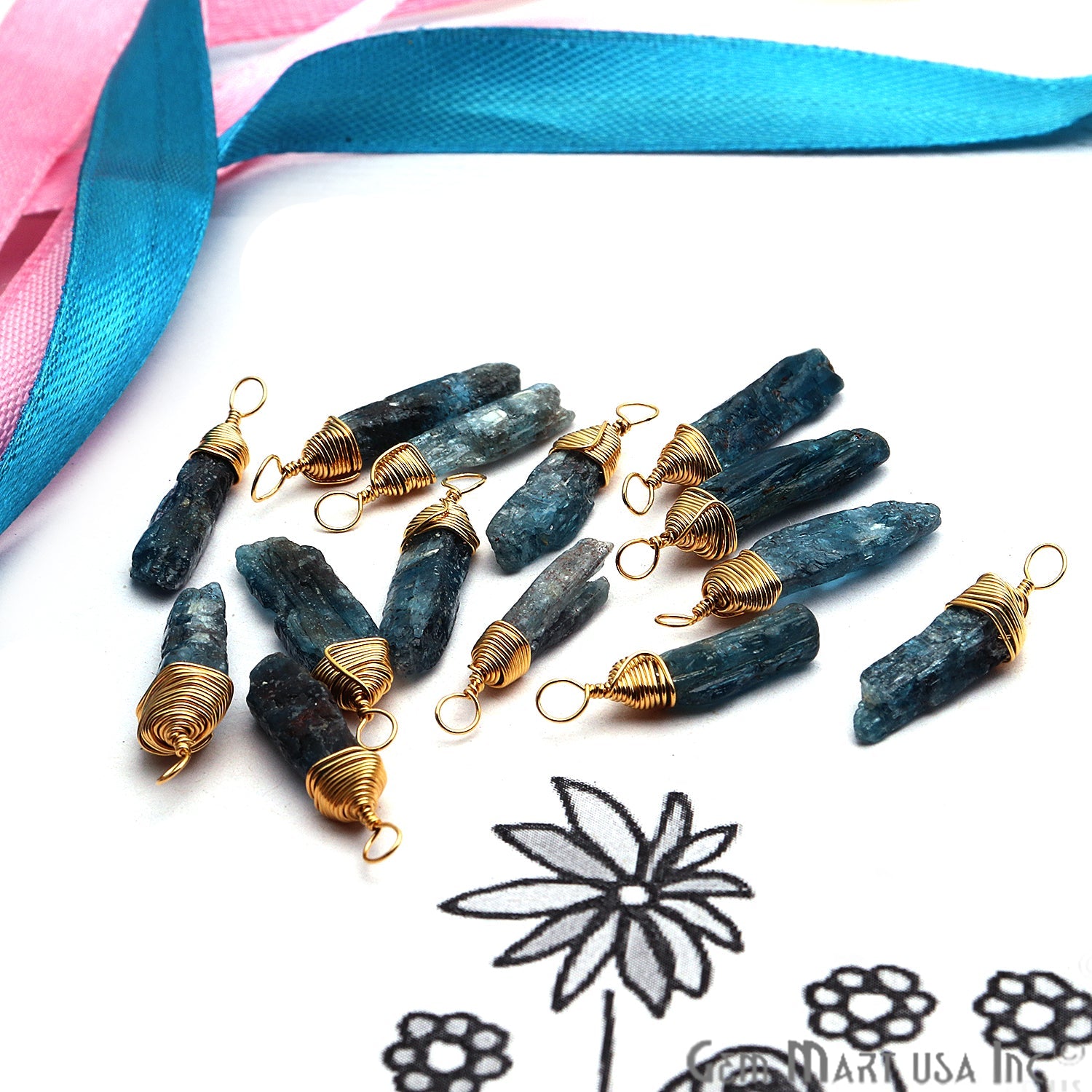 Blue Kyanite Gold Wire Wrapped 27x6mm Jewelry Making Rough Shape Connector - GemmartUSA