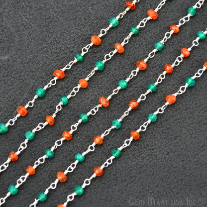 Carnelian With Green Onyx Beads Rosary Chain, Silver Plated Wire Wrapped Rosary Chain