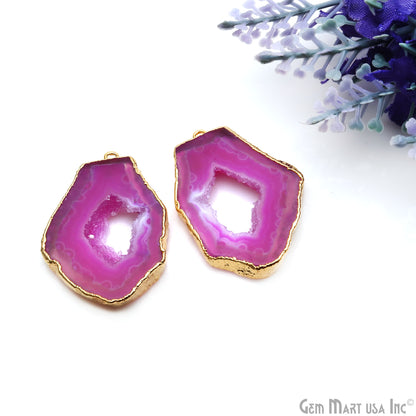 Agate Slice 24x37mm Organic  Gold Electroplated Gemstone Earring Connector 1 Pair