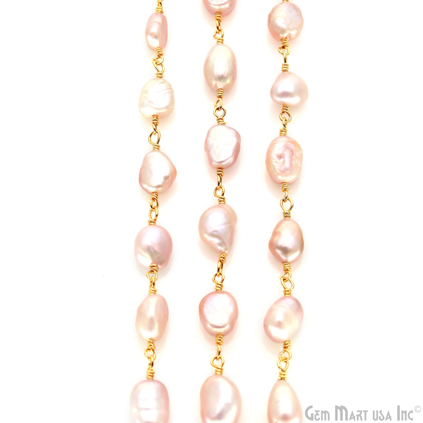 Pink Pearl Nugget Beads 10-15mm Gold Plated Wire Wrapped Rosary Chain