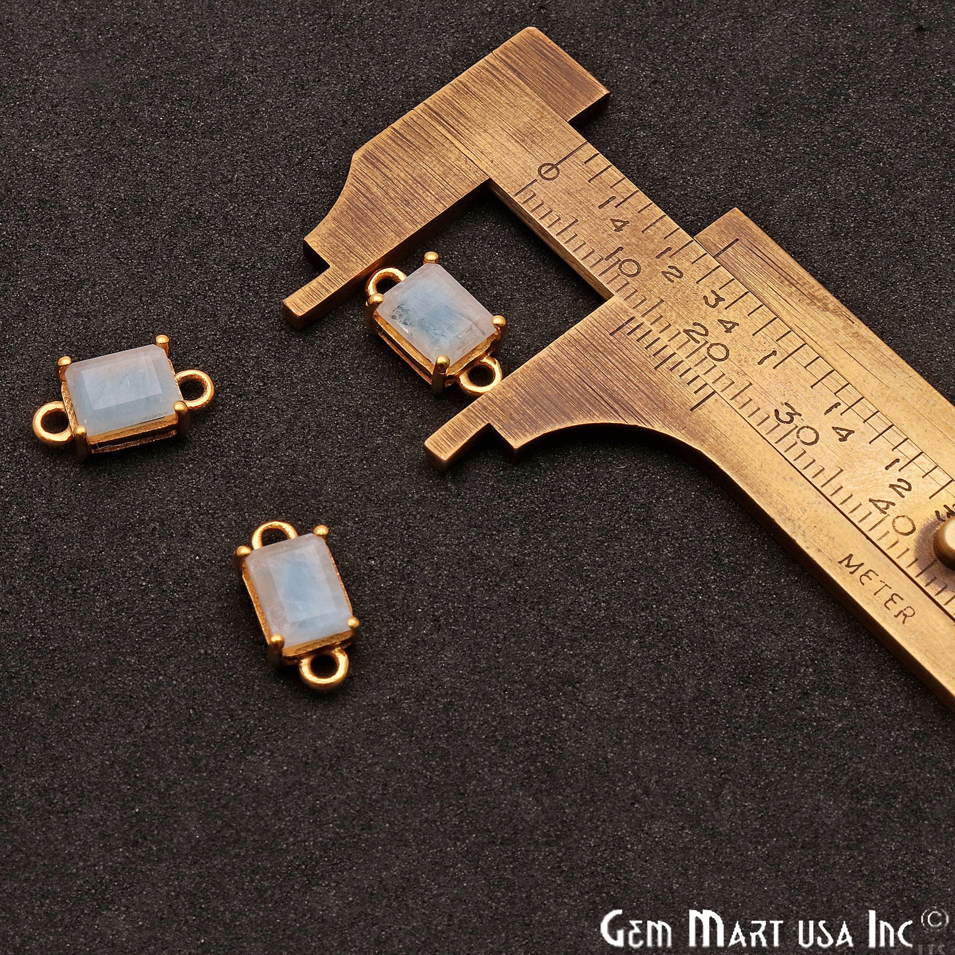 Rainbow Moonstone 6x8mm Rectangle Gold Prong Setting Double Bail Connector - GemMartUSA