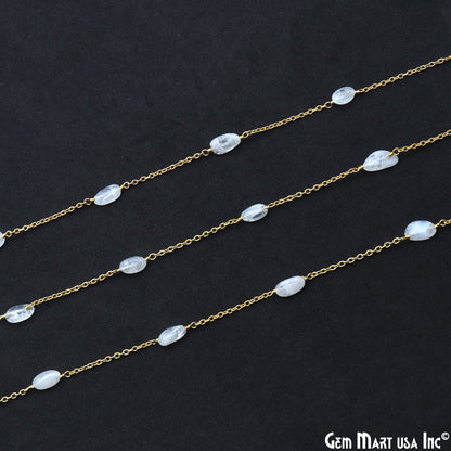 Rainbow Moonstone Tumble Beads 10x6mm Gold Wire Wrapped Rosary Chain