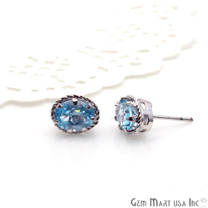 Blue Topaz 6x8mm Sterling Silver Oval Shape Prong Setting Stud Earring - GemMartUSA