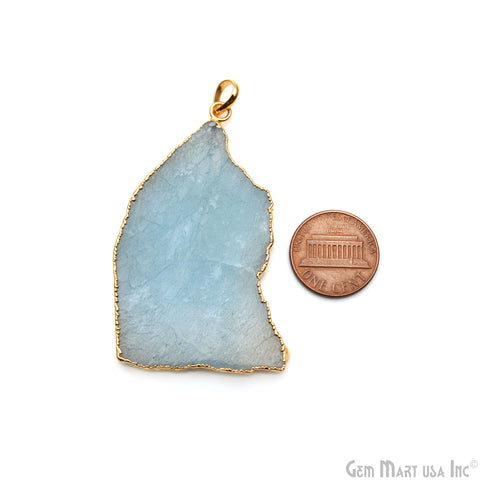 Aquamarine Free Form shape 58x35mm Gold Electroplated Gemstone Single Bail Pendant