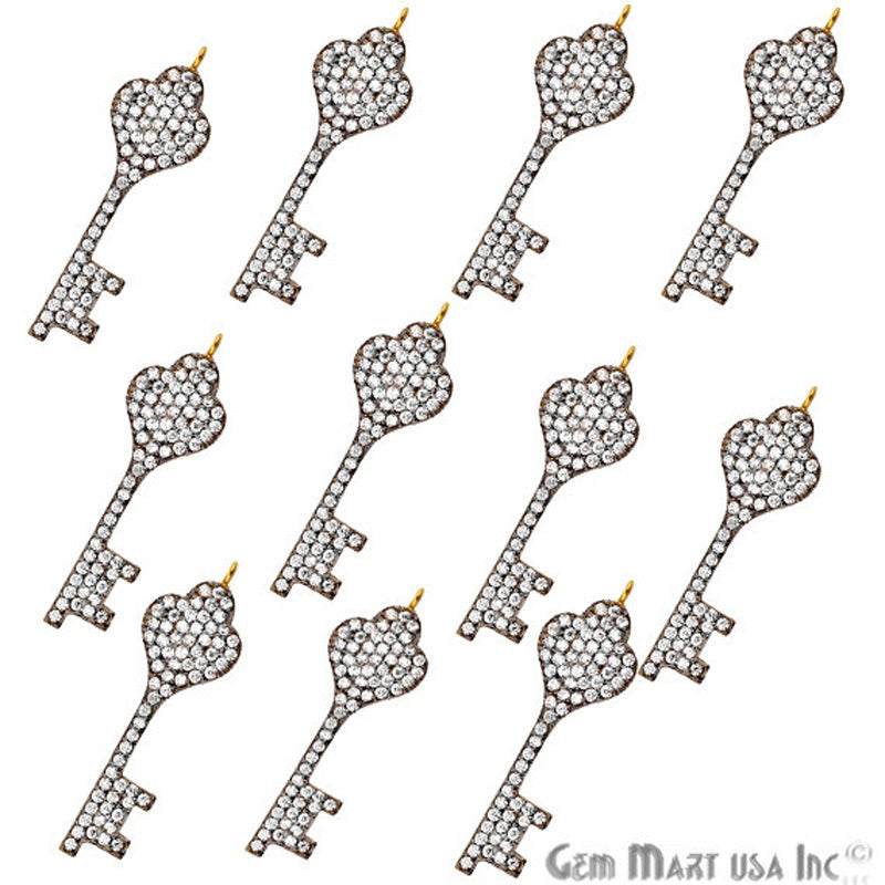 Cubic Zircon Pave 'Fancy Key' Gold Vermeil Charm For Bracelet & Pendants - GemMartUSA